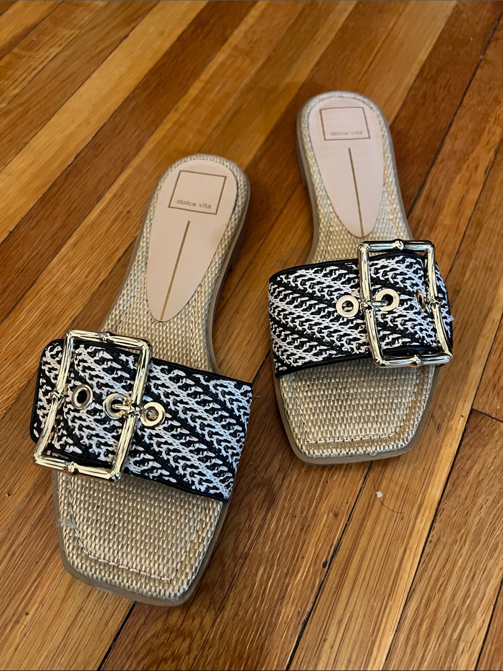 Dolce Vita Black and White Woven Slide Sandals with gold buckle